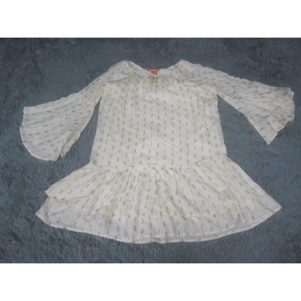 C&V Chelsea & Violet Blouse Womens XS White Metallic Ruffle Bell Sleeve Tunic